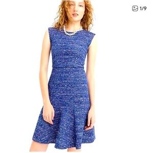 NEW J. CREW Cobalt Blue Coco Tweed Boucle Fluted Flare Hem A-Line Midi Dress 10